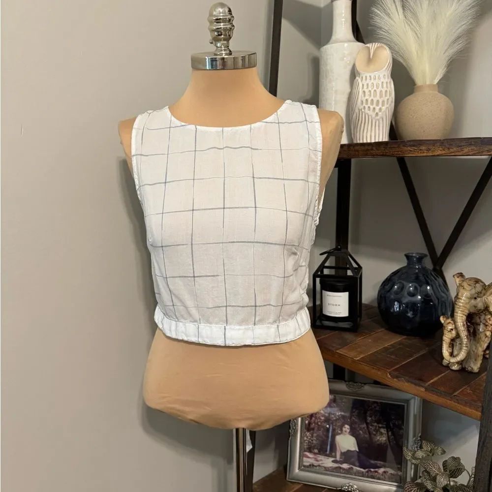 Bella Dahl 100% Tencel Lyocell White Sleeveless Plaid Crop Shirt Tank Top SZ MED